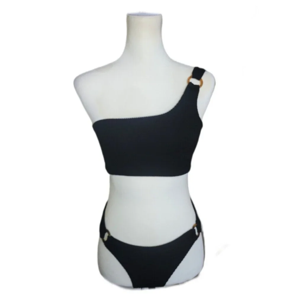 Forever 21 Two Piece Black One Shoulder Textured Bikini Swimsuit, Medium